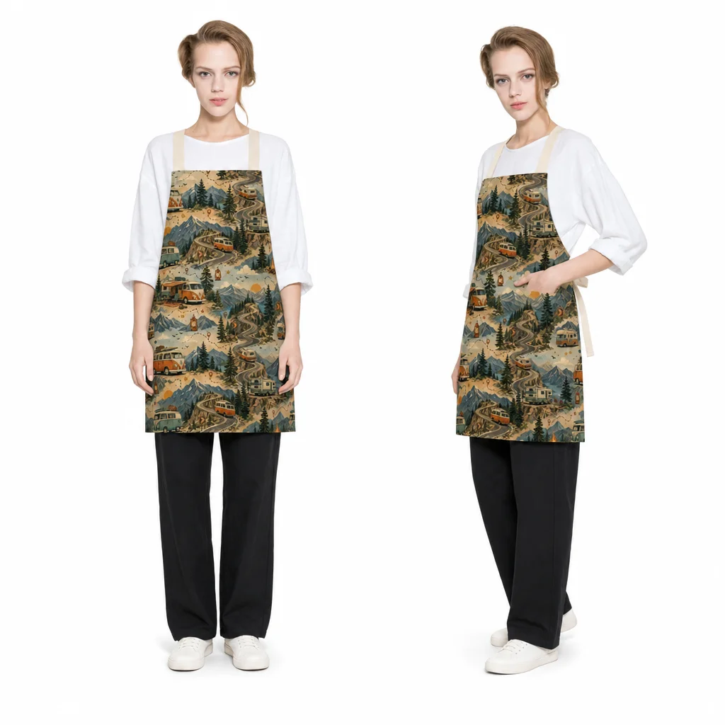 Retro Mountain Camper All-Over Print Apron - worn by model