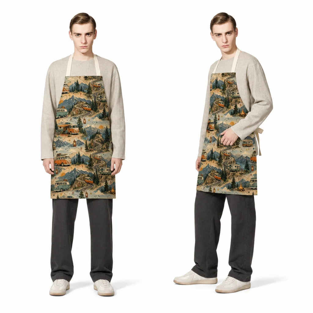 Retro Mountain Camper All-Over Print Apron - worn by model