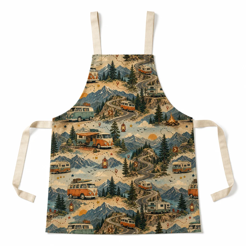 Retro Mountain Camper All-Over Print Apron - flat lay