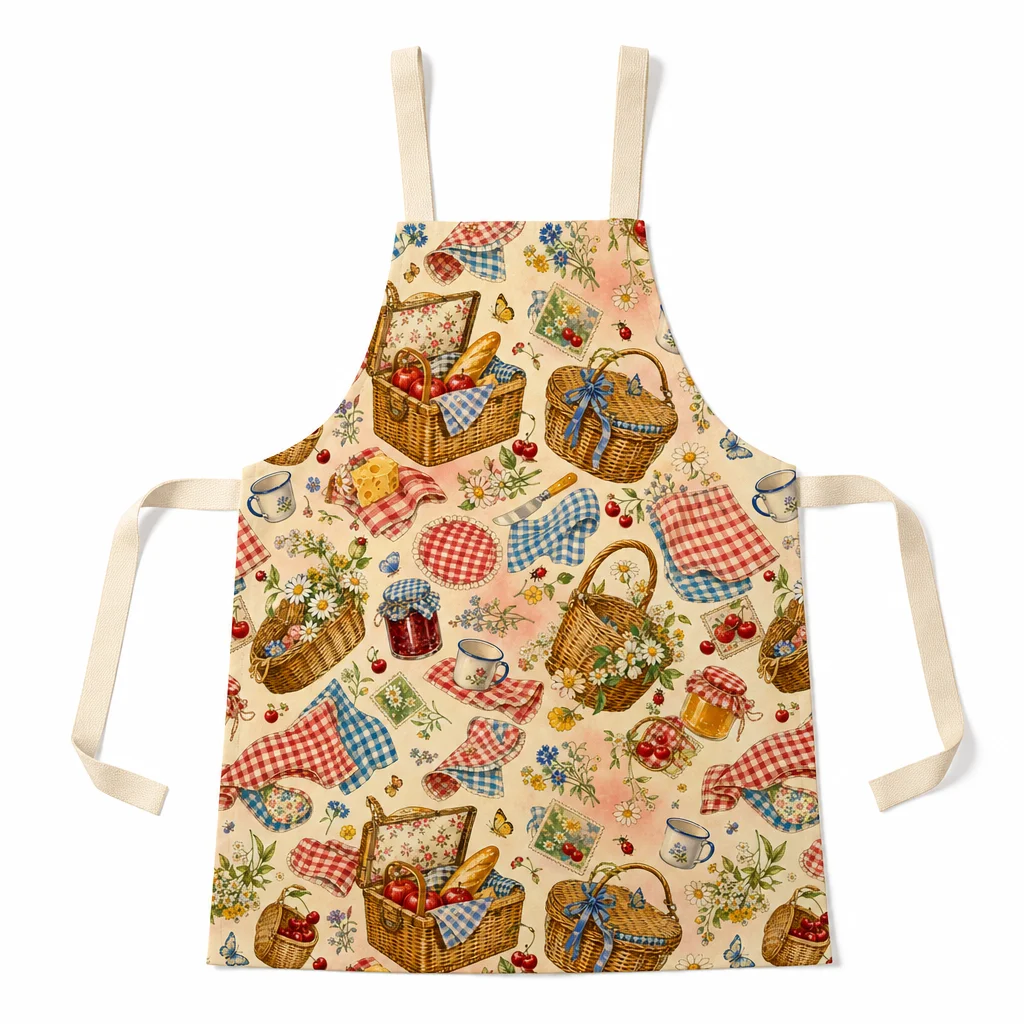 Vintage Picnic Basket All-Over Print Apron - flat lay