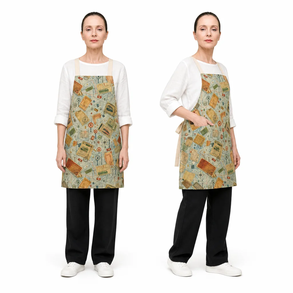 Vintage City Tickets All-Over Print Apron - worn by model