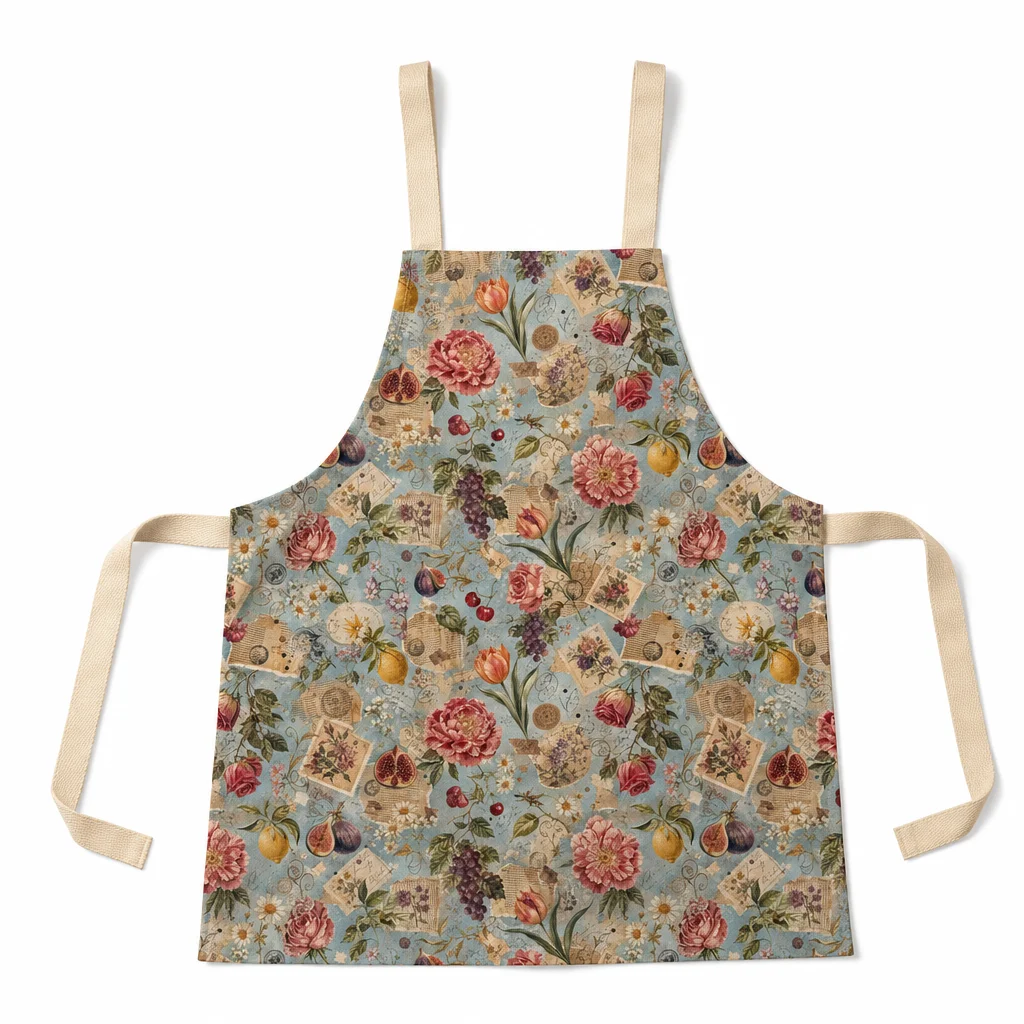 Vintage Botanical Collage All-Over Print Apron - flat lay
