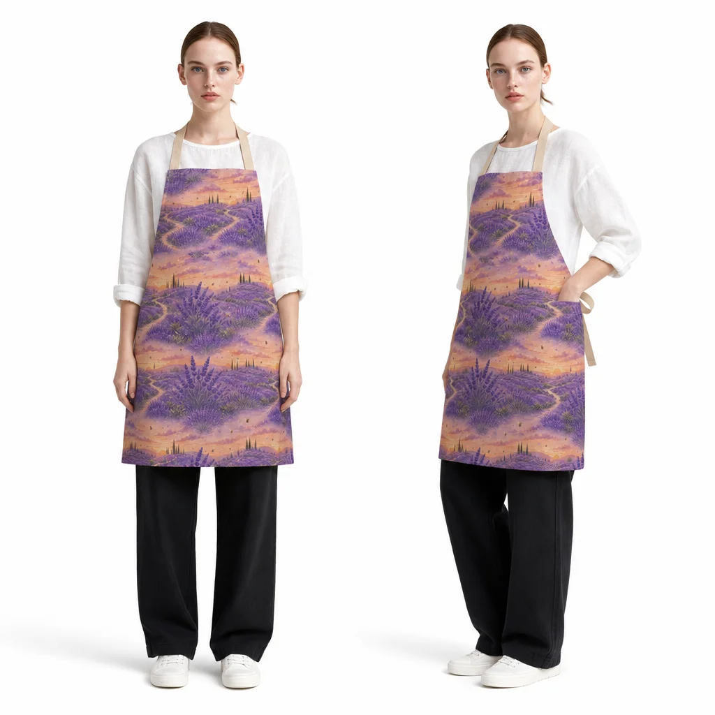 Lavender Sunset Hills All-Over Print Apron - worn by model