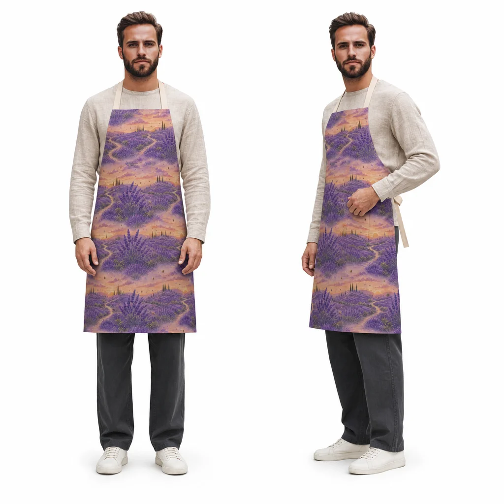 Lavender Sunset Hills All-Over Print Apron - worn by model