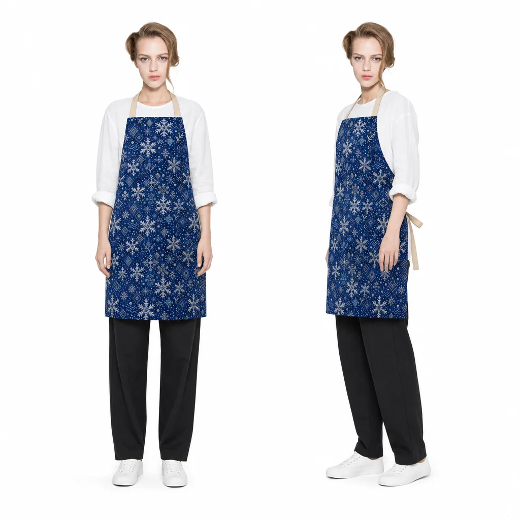 Winter Indigo Snowflake All-Over Print Apron - worn by model