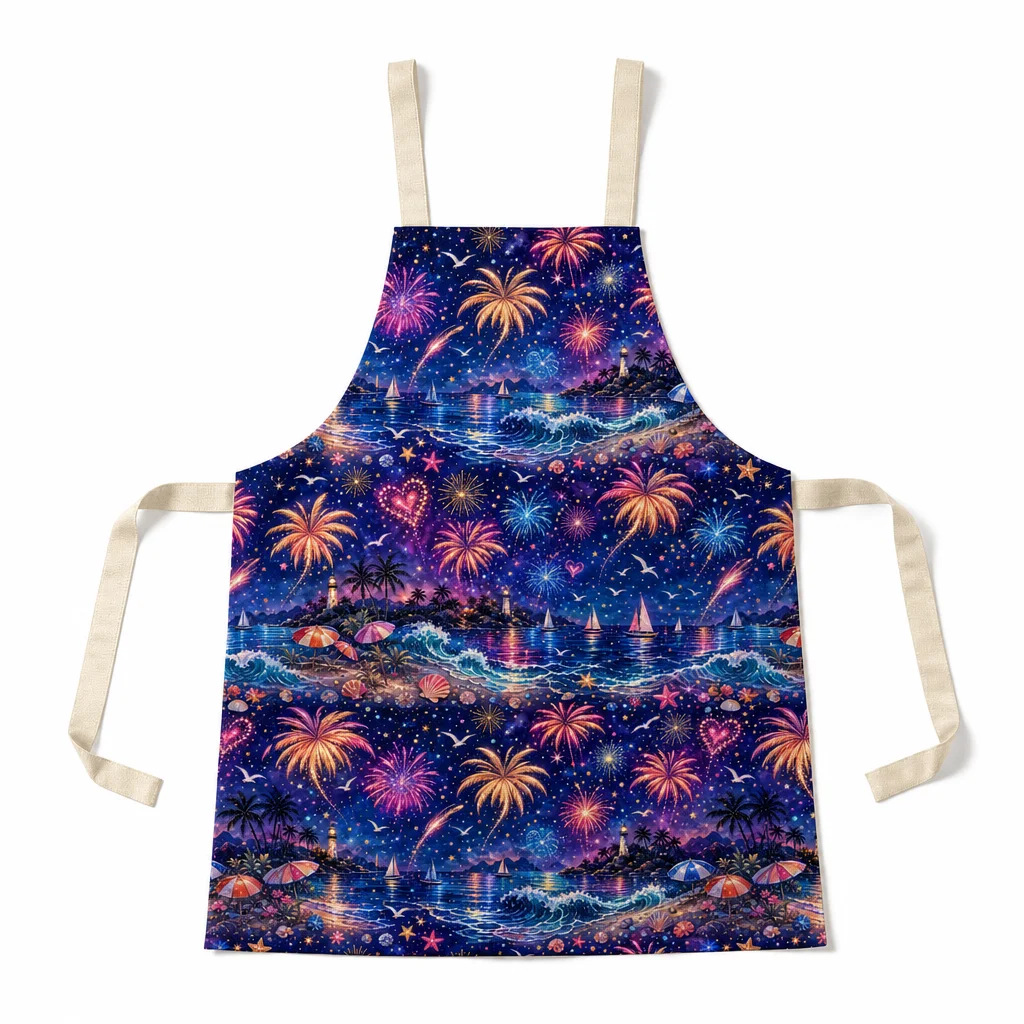 Summer Seaside Fireworks All-Over Print Apron - flat lay