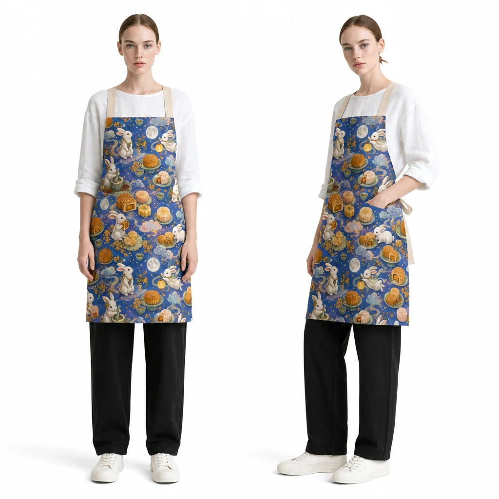 Moon Rabbit Mooncake Feast All-Over Print Apron - worn by model