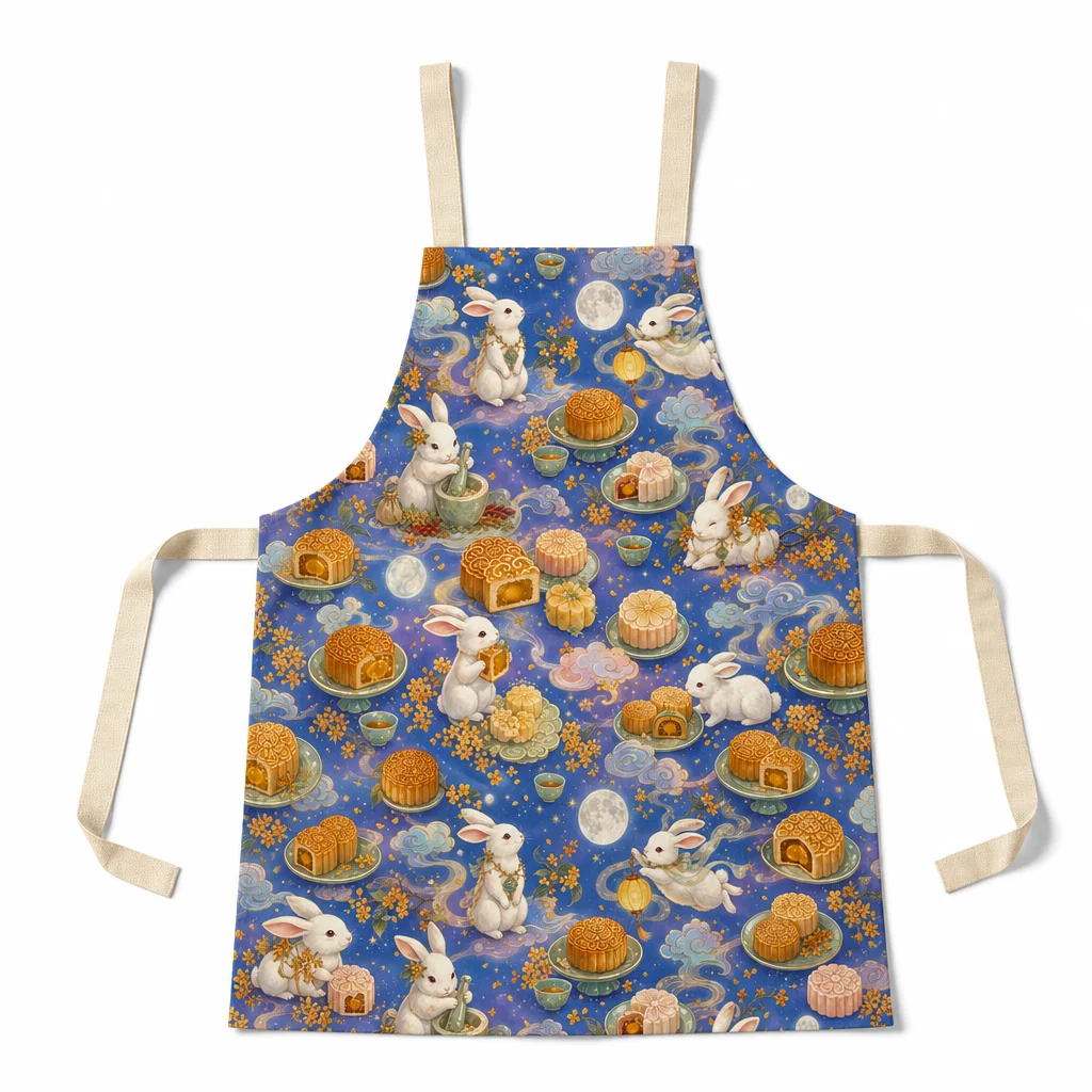 Moon Rabbit Mooncake Feast All-Over Print Apron - flat lay